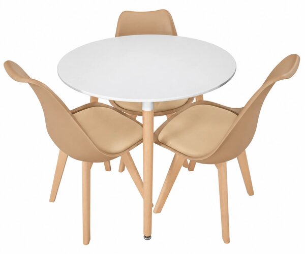 Set masa Salzburg alba cu 3 scaune Stockholm cappuccino, DENVER, blat MDF alb, forma rotunda, 80x74 cm