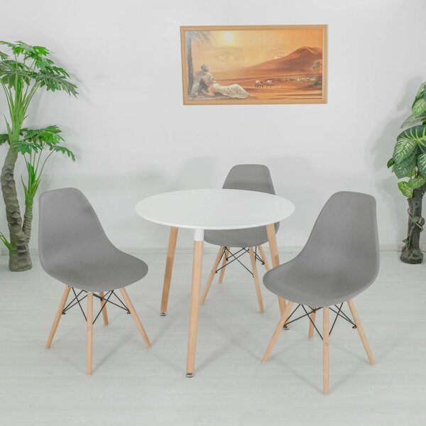 Set masa Salzburg alba cu 3 scaune Malmo gri, DENVER, blat MDF alb, forma rotunda, 80x74 cm