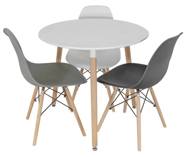 Set masa Salzburg alba cu 3 scaune Malmo Alb, Gri, Negru, DENVER, blat MDF alb, forma rotunda, 80x74 cm