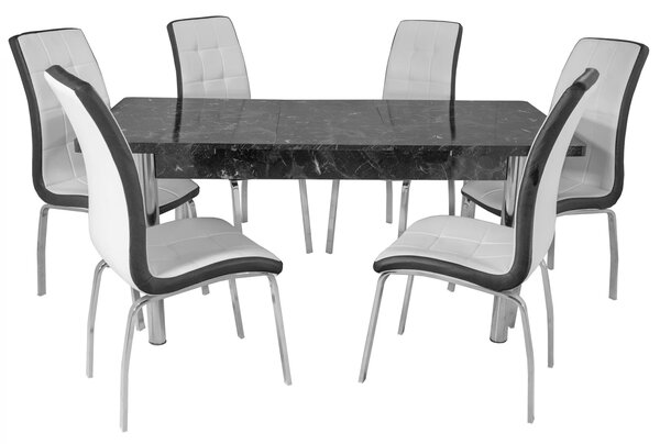 Set masa extensibila Napoli Black Marble cu 6 scaune Rimini alb cu negru, DENVER, picioare crom, 130x80x76 cm