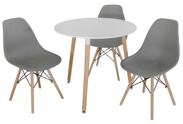 Set masa Salzburg alba cu 3 scaune Malmo gri, DENVER, blat MDF alb, forma rotunda, 80x74 cm