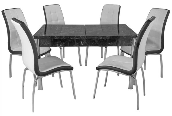 Set masa extensibila Napoli Black Marble cu 6 scaune Rimini alb cu negru, DENVER, picioare crom, 130x80x76 cm
