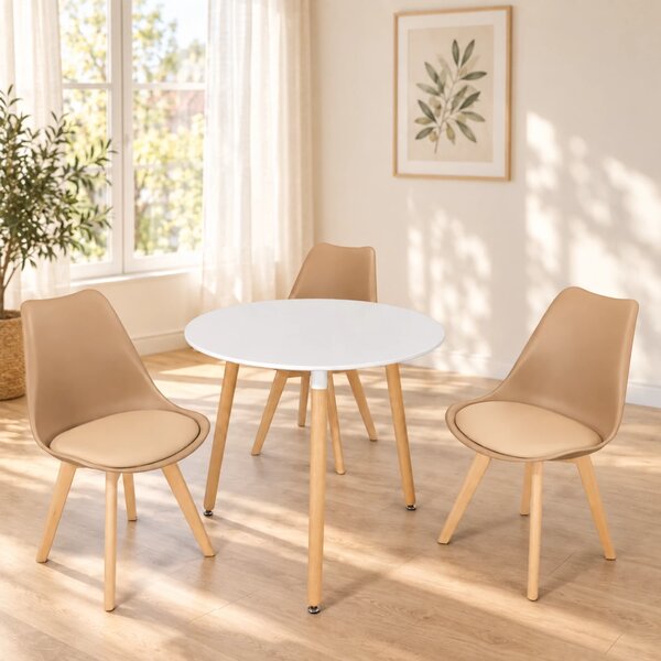 Set masa Salzburg alba cu 3 scaune Stockholm cappuccino, DENVER, blat MDF alb, forma rotunda, 80x74 cm