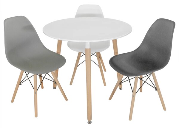Set masa Salzburg alba cu 3 scaune Malmo Alb, Gri, Negru, DENVER, blat MDF alb, forma rotunda, 80x74 cm