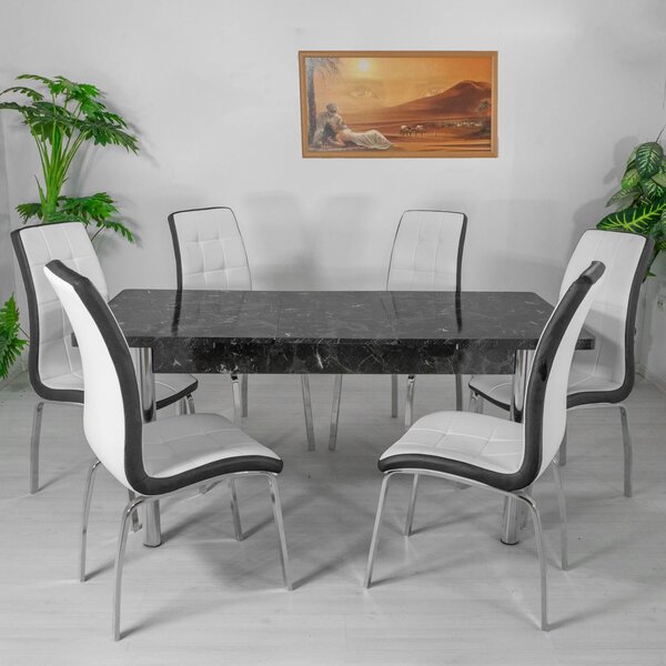 Set masa extensibila Napoli Black Marble cu 6 scaune Rimini alb cu negru, DENVER, picioare crom, 130x80x76 cm