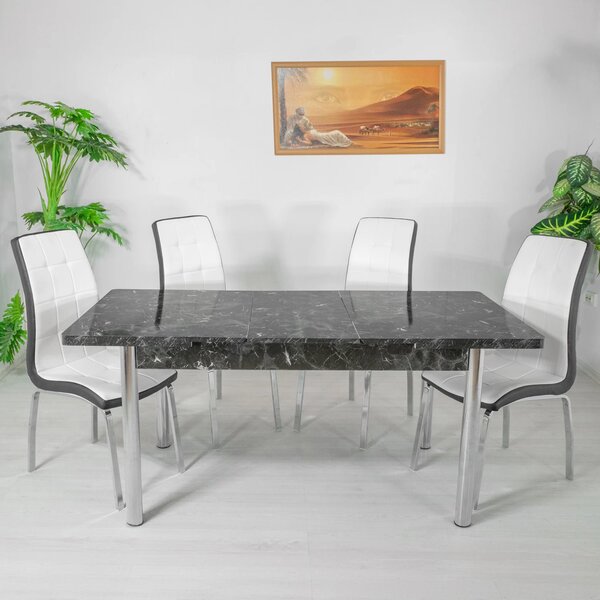 Set masa extensibila Napoli Black Marble cu 4 scaune Rimini alb cu negru, DENVER, picioare crom, 130x80x76 cm