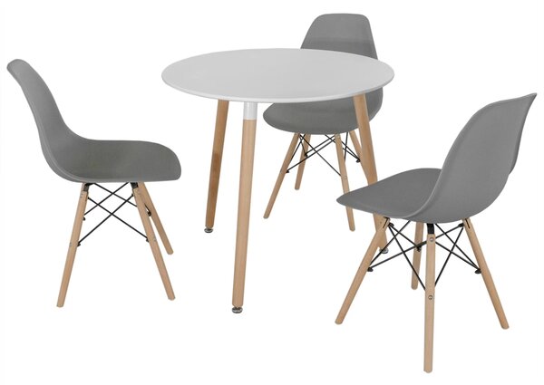 Set masa Salzburg alba cu 3 scaune Malmo gri, DENVER, blat MDF alb, forma rotunda, 80x74 cm
