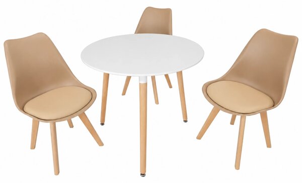 Set masa Salzburg alba cu 3 scaune Stockholm cappuccino, DENVER, blat MDF alb, forma rotunda, 80x74 cm