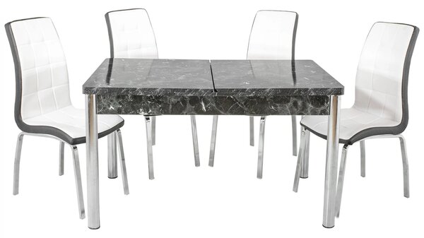 Set masa extensibila Napoli Black Marble cu 4 scaune Rimini alb cu negru, DENVER, picioare crom, 130x80x76 cm