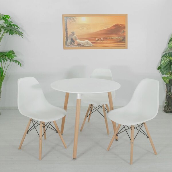 Set masa Salzburg alba cu 3 scaune Malmo albe, DENVER, blat MDF alb, forma rotunda, 80x74 cm
