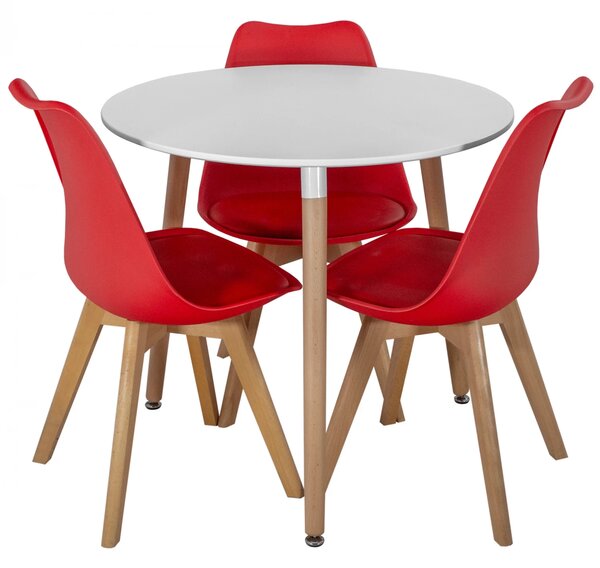 Set masa Salzburg alba cu 3 scaune Stockholm rosu, DENVER, blat MDF alb, forma rotunda, 80x74 cm
