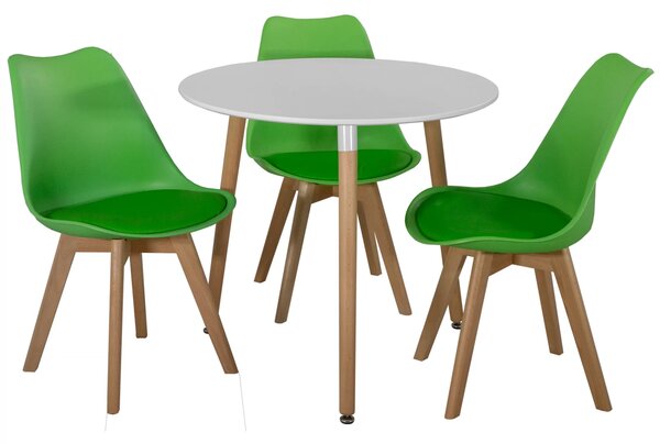 Set masa Salzburg alba cu 3 scaune Stockholm verde, DENVER, blat MDF alb, forma rotunda, 80x74 cm