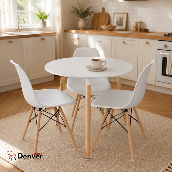 Set masa Salzburg alba cu 3 scaune Malmo albe, DENVER, blat MDF alb, forma rotunda, 80x74 cm