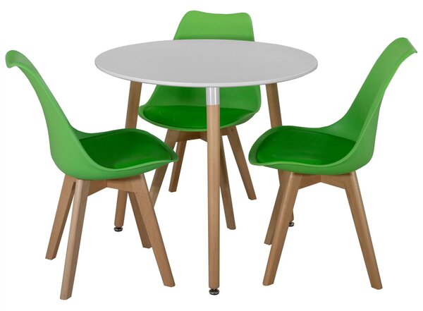 Set masa Salzburg alba cu 3 scaune Stockholm verde, DENVER, blat MDF alb, forma rotunda, 80x74 cm