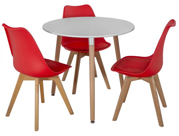 Set masa Salzburg alba cu 3 scaune Stockholm rosu, DENVER, blat MDF alb, forma rotunda, 80x74 cm
