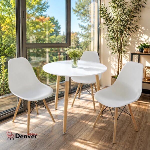 Set masa Salzburg alba cu 3 scaune Malmo albe, DENVER, blat MDF alb, forma rotunda, 80x74 cm