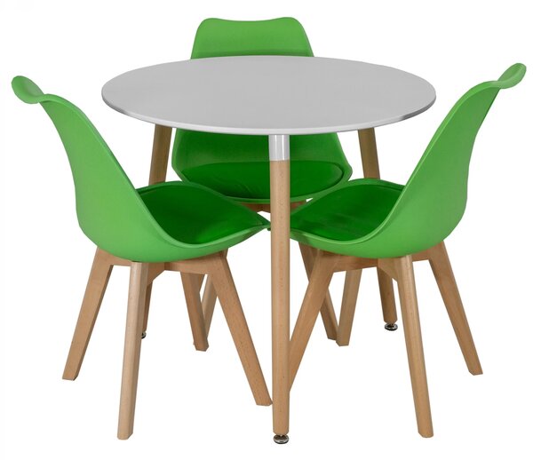 Set masa Salzburg alba cu 3 scaune Stockholm verde, DENVER, blat MDF alb, forma rotunda, 80x74 cm