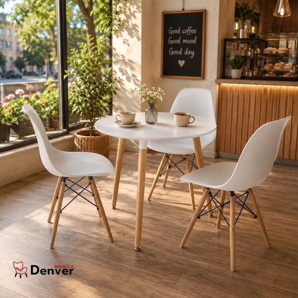 Set masa Salzburg alba cu 3 scaune Malmo albe, DENVER, blat MDF alb, forma rotunda, 80x74 cm