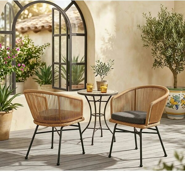 Scaun K400, gri/bej/negru, stofa/rattan sintetic/otel, 55x47x74 cm