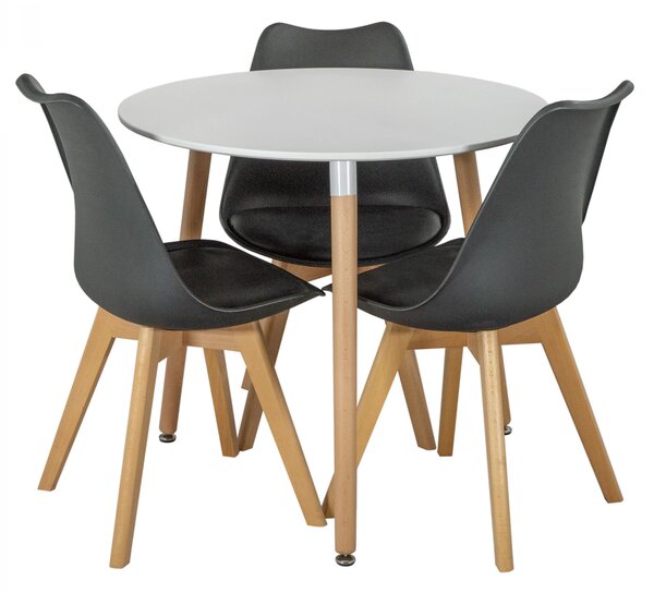 Set masa Salzburg alba cu 3 scaune Stockholm negru, DENVER, blat MDF alb, forma rotunda, 80x74 cm