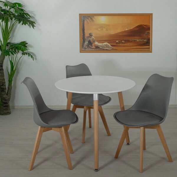 Set masa Salzburg alba cu 3 scaune Stockholm gri, DENVER, blat MDF alb, forma rotunda, 80x74 cm