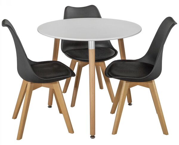 Set masa Salzburg alba cu 3 scaune Stockholm negru, DENVER, blat MDF alb, forma rotunda, 80x74 cm
