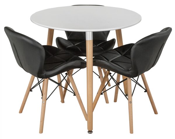 Set masa Salzburg alba cu 3 scaune Oslo negru, DENVER, blat MDF alb, forma rotunda, 80x74 cm