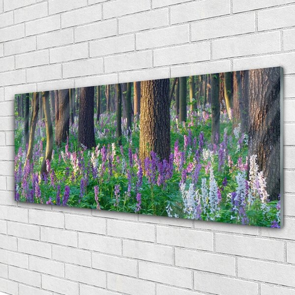 Tablou pe sticla Pădure Flori Natura Verde Violet Maro