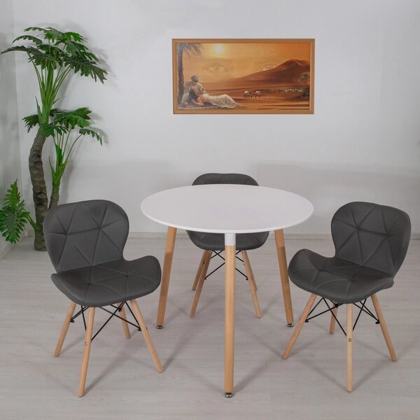 Set masa Salzburg alba cu 3 scaune Oslo gri, DENVER, blat MDF alb, forma rotunda, 80x74 cm
