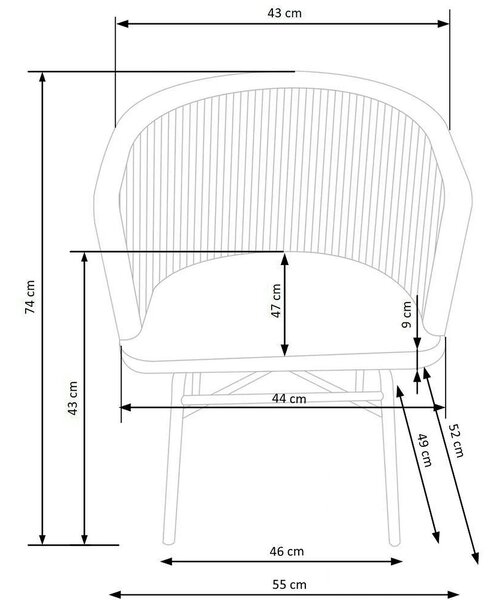 Scaun K400, gri/bej/negru, stofa/rattan sintetic/otel, 55x47x74 cm