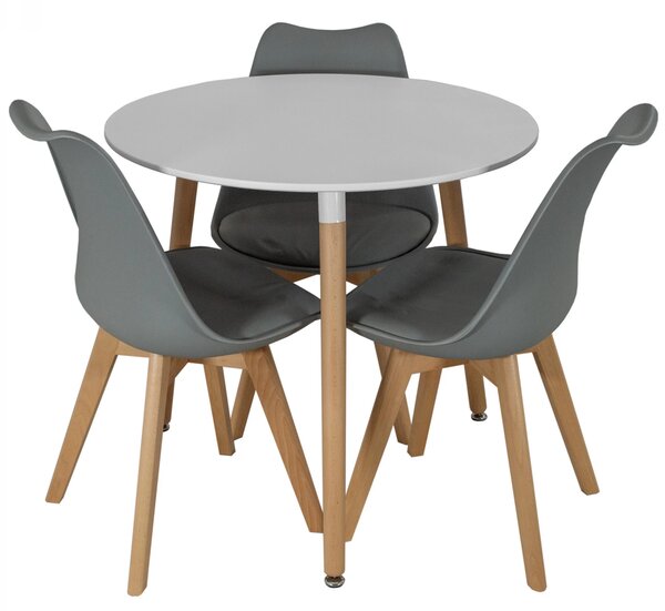 Set masa Salzburg alba cu 3 scaune Stockholm gri, DENVER, blat MDF alb, forma rotunda, 80x74 cm