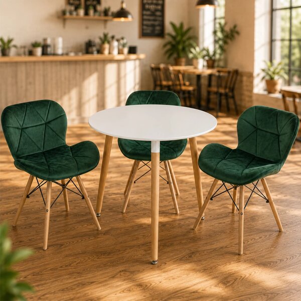 Set masa Salzburg alba cu 3 scaune Oslo, verde, DENVER, blat MDF alb, forma rotunda, 80x74 cm
