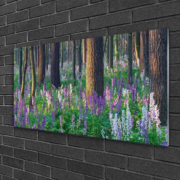 Tablou pe sticla Pădure Flori Natura Verde Violet Maro