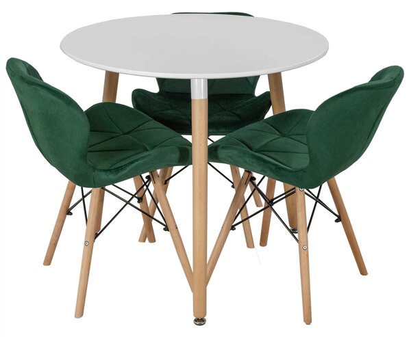 Set masa Salzburg alba cu 3 scaune Oslo, verde, DENVER, blat MDF alb, forma rotunda, 80x74 cm