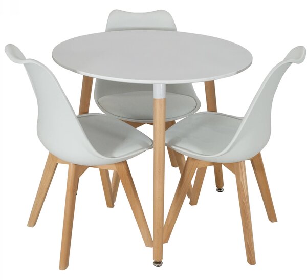 Set masa Salzburg alba cu 3 scaune Stockholm alb, DENVER, blat MDF alb, forma rotunda, 80x74 cm