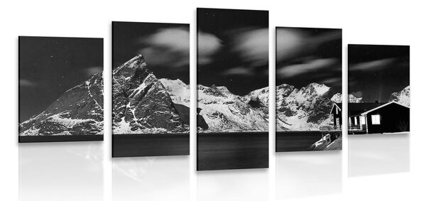 Tablou 5-piese peisaj nocturn în Norvegia în design alb-negru