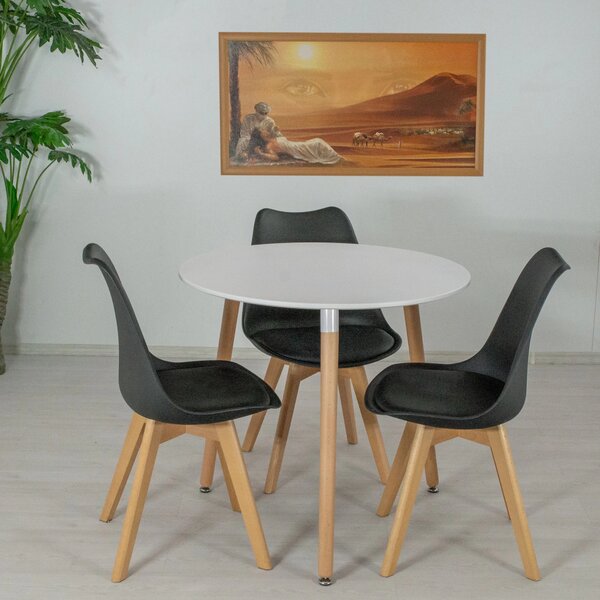 Set masa Salzburg alba cu 3 scaune Stockholm negru, DENVER, blat MDF alb, forma rotunda, 80x74 cm
