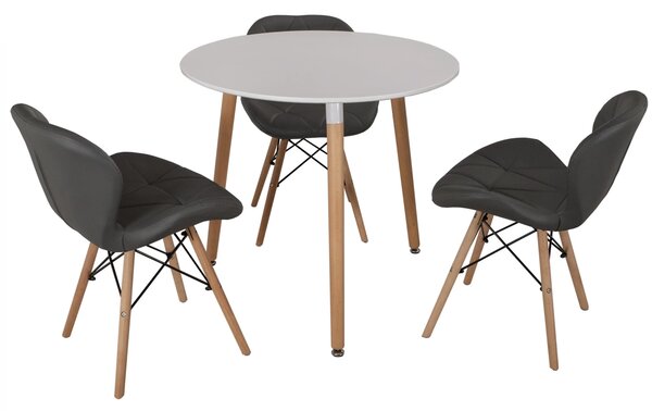 Set masa Salzburg alba cu 3 scaune Oslo gri, DENVER, blat MDF alb, forma rotunda, 80x74 cm