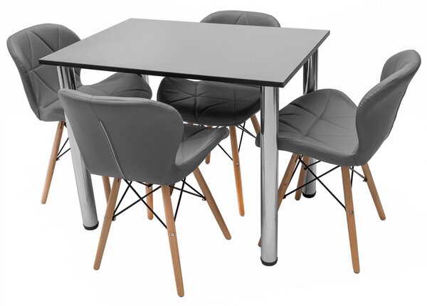 Set masa cu 4 scaune Oslo gri, DENVER, blat pal gri, cant abs negru, forma dreptunghiulara, 90x64x73 cm