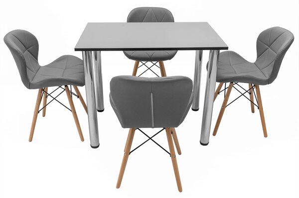Set masa cu 4 scaune Oslo gri, DENVER, blat pal gri, cant abs negru, forma dreptunghiulara, 90x64x73 cm