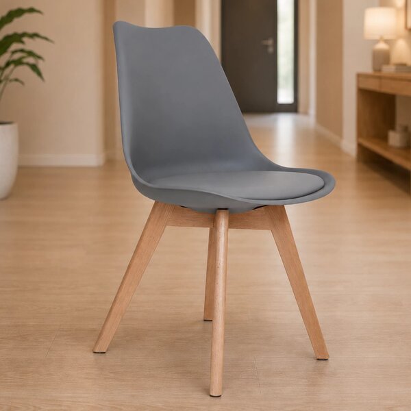 Scaun Stockholm, DENVER, piele ecologica gri, picioare lemn, 48x50x82 cm