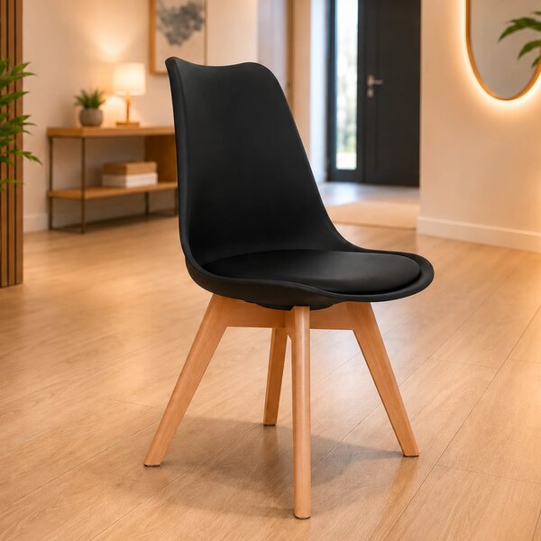 Scaun Stockholm, DENVER, piele ecologica neagra, picioare lemn, 48x50x82 cm