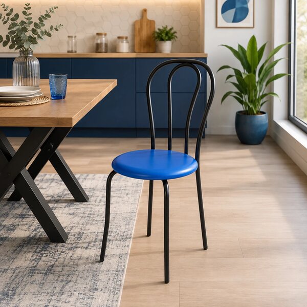 Scaun Tulipan, DENVER, piele ecologica albastra, cadru negru, 40x40x89 cm