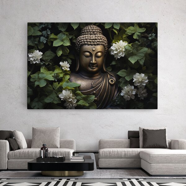 Tablou Canvas, 20x30cm, Dormitor si Living, Moderne, Buddha, White Flowers Buddha