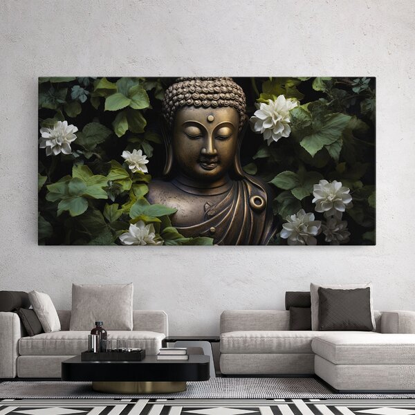 Tablou Canvas, 40x80cm, Dormitor si Living, Moderne, Buddha, White Flowers Buddha