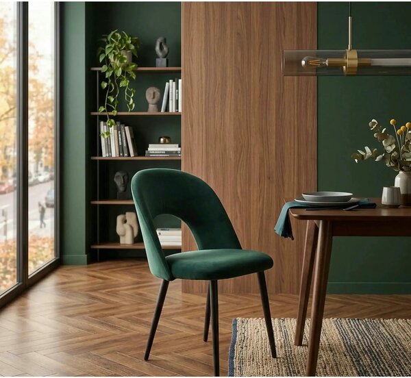 Scaun tapitat K384, verde/negru, stofa catifelata/metal, 54x57x84 cm