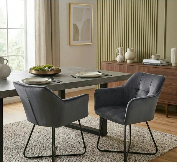 Scaun tapitat K377, gri inchis/negru, stofa catifelata/metal, 60x62x81