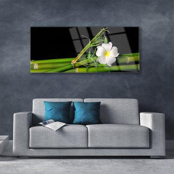 Tablou pe sticla Bamboo flori Floral Alb Verde