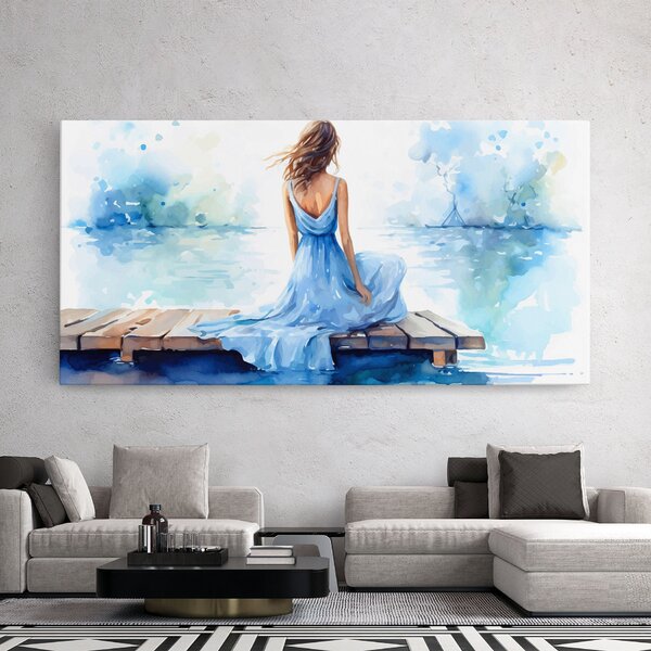 Tablou Canvas, 40x80cm, Dormitor si Living, Moderne, Textura de pictura, Lake Blue Woman