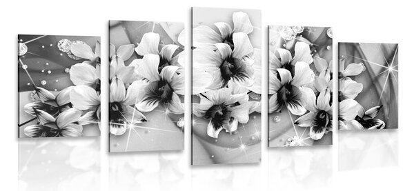 Tablou 5-piese flori alb-negru pe un fundal abstract